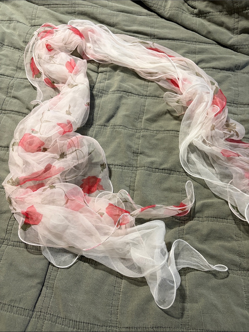 Lightweight White Sheer Scarf with Pink Floral Print
